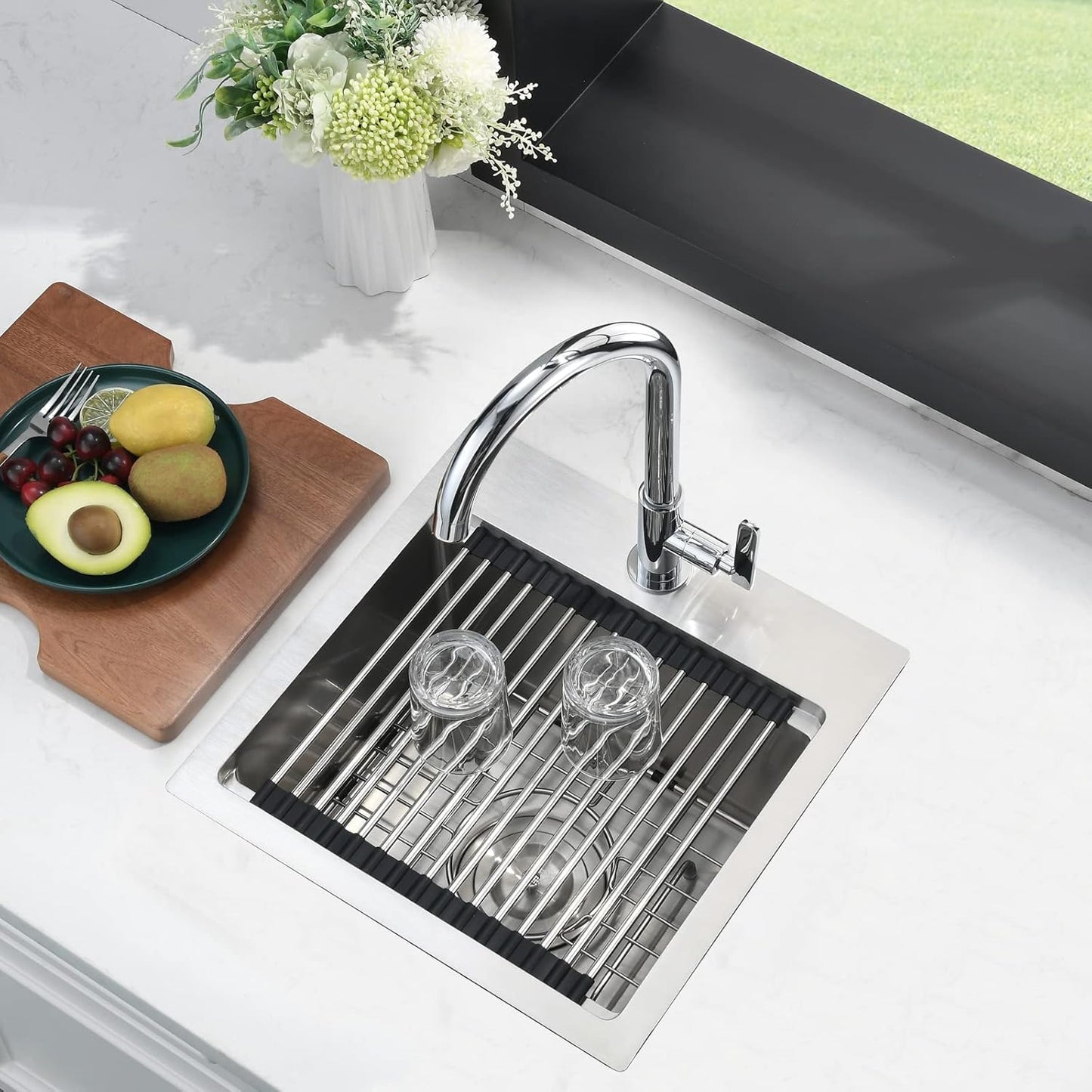 15X15 Inch Drop in Bar Sink Workstation - 15 Inch Outdoor Rv Drop in Sink 16 Gauge Stainless Steel Single Bowl Small Bar Sink with Cutting Board