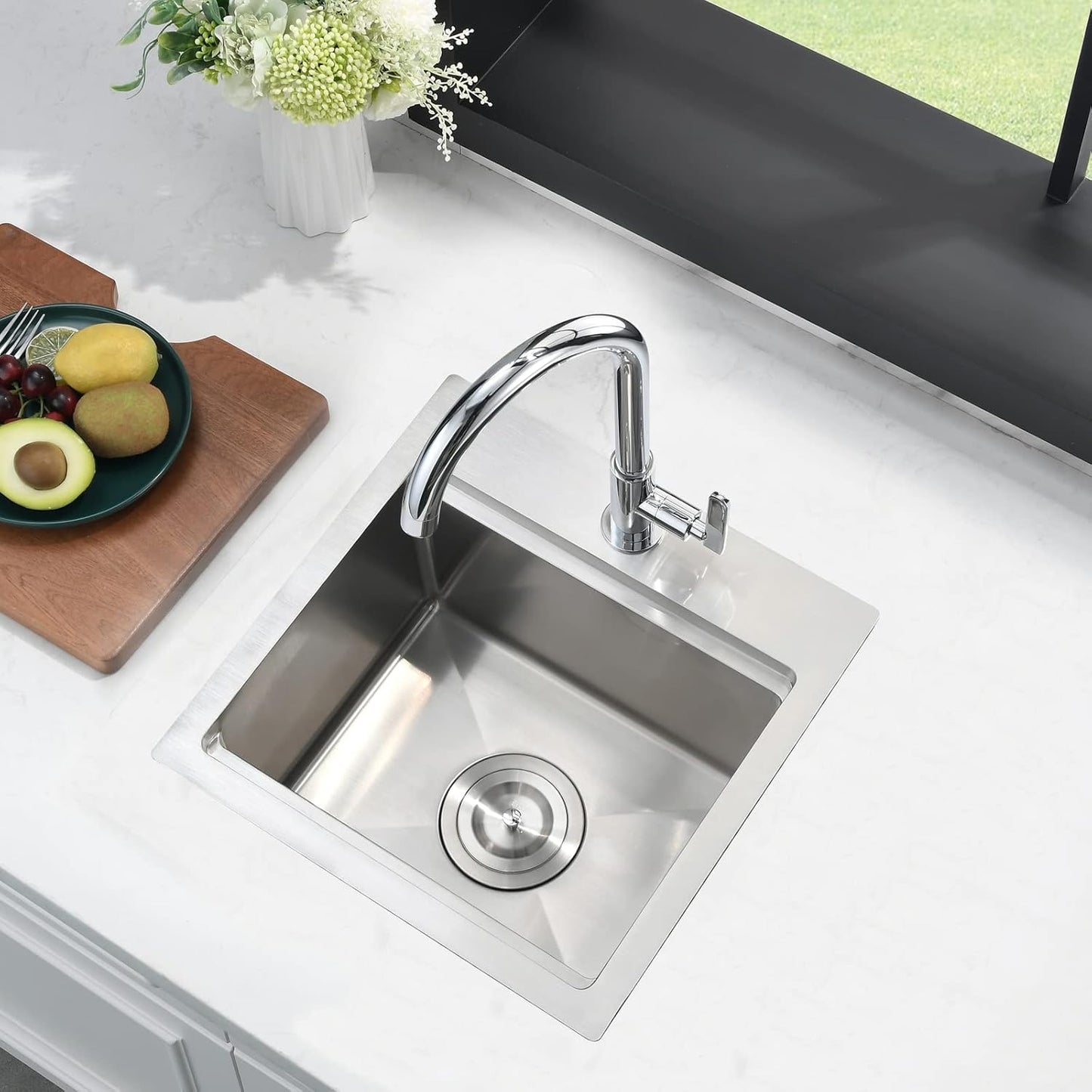 15X15 Inch Drop in Bar Sink Workstation - 15 Inch Outdoor Rv Drop in Sink 16 Gauge Stainless Steel Single Bowl Small Bar Sink with Cutting Board