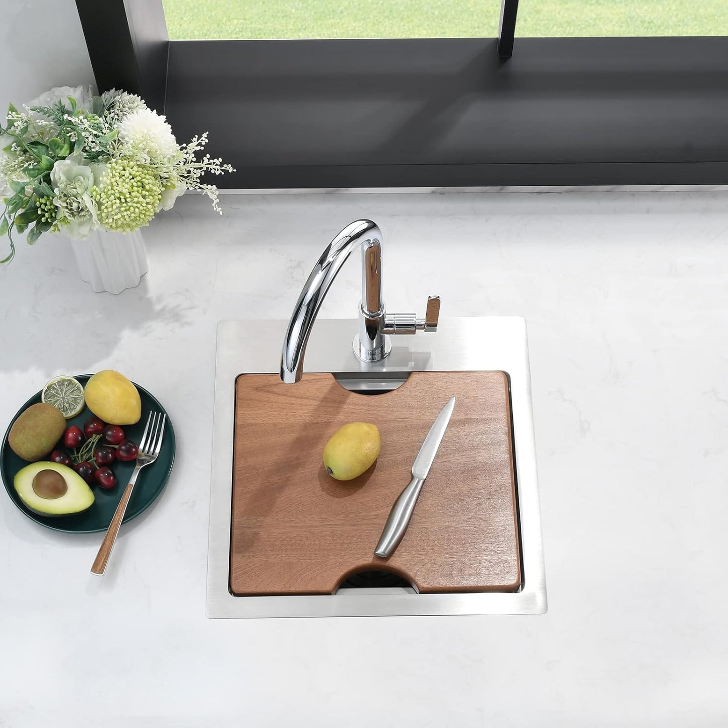 15X15 Inch Drop in Bar Sink Workstation - 15 Inch Outdoor Rv Drop in Sink 16 Gauge Stainless Steel Single Bowl Small Bar Sink with Cutting Board