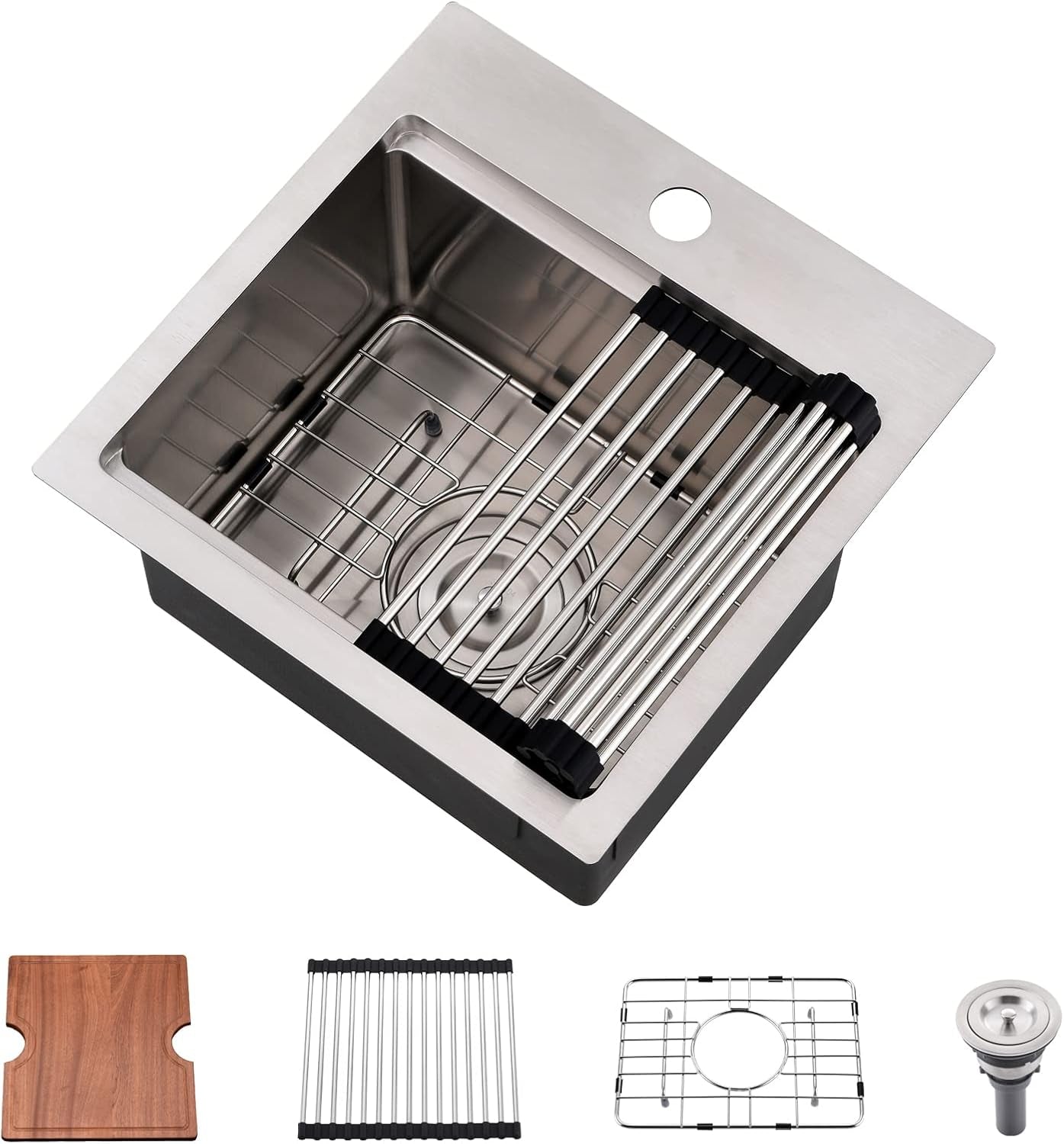 15X15 Inch Drop in Bar Sink Workstation -  15 Inch Outdoor Rv Drop in Sink 16 Gauge Stainless Steel Single Bowl Small Bar Sink with Cutting Board