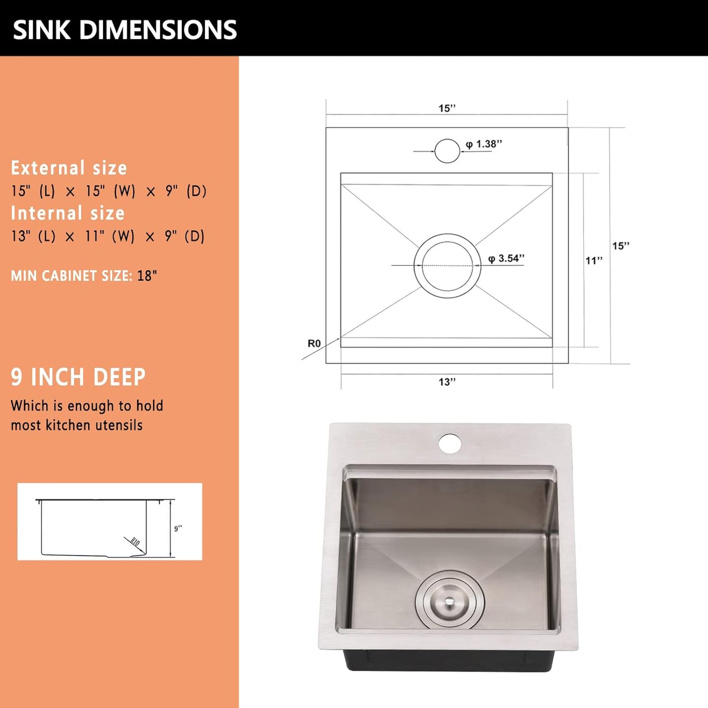 15X15 Inch Drop in Bar Sink Workstation -  15 Inch Outdoor Rv Drop in Sink 16 Gauge Stainless Steel Single Bowl Small Bar Sink with Cutting Board