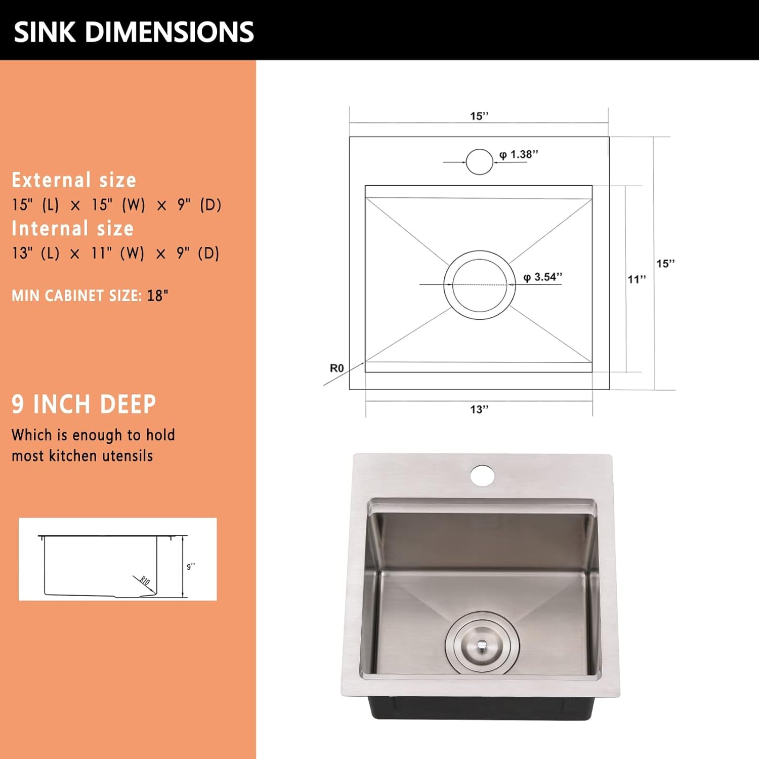 15X15 Inch Drop in Bar Sink Workstation -  15 Inch Outdoor Rv Drop in Sink 16 Gauge Stainless Steel Single Bowl Small Bar Sink with Cutting Board